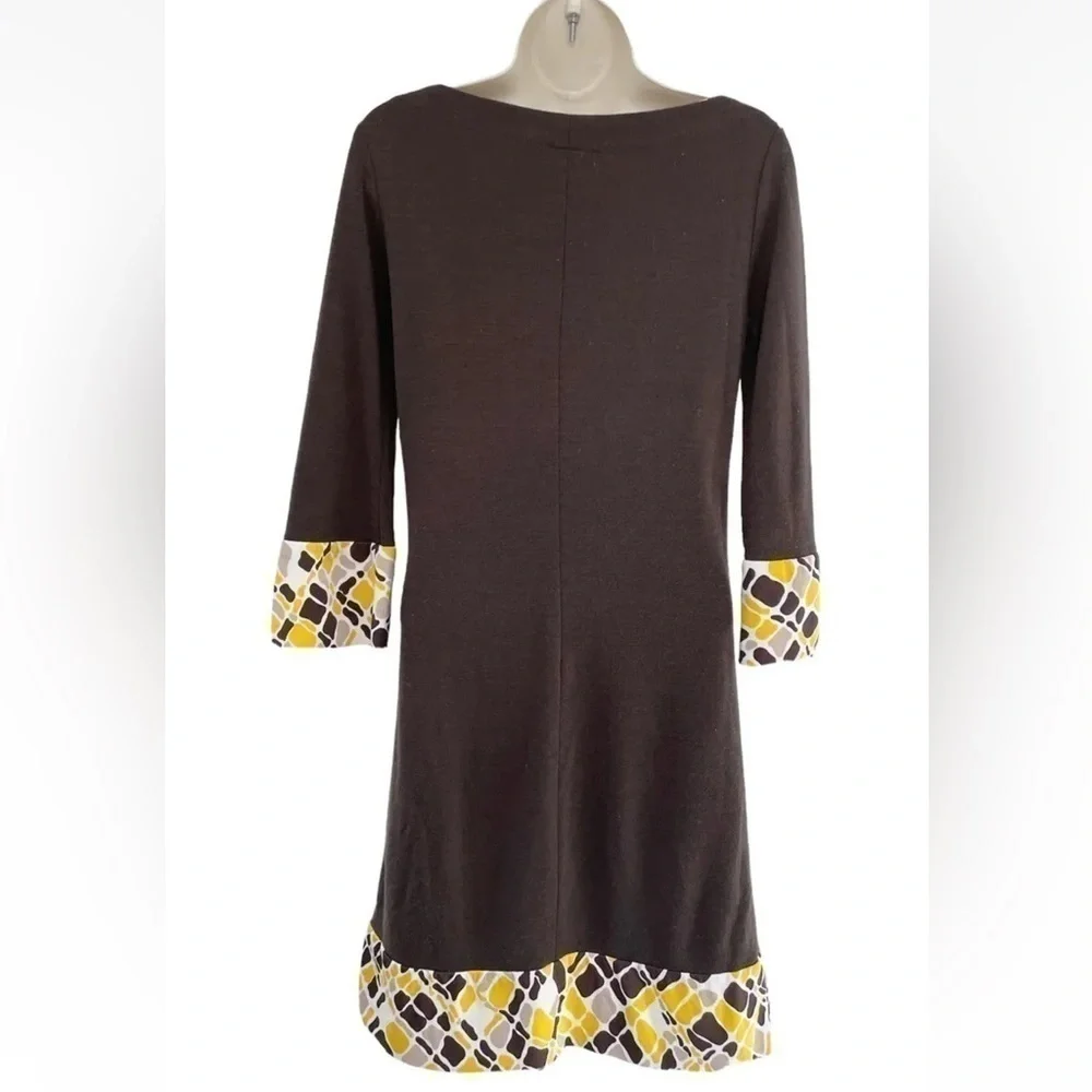 TORY BURCH Brown Wool Sheath Dress Yellow Tan Silk Mod Sleeves Hem Woman's Sz XS